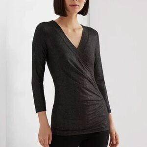 NWT Lauren Ralph Lauren Metallic Wrap Top Black Silver PS